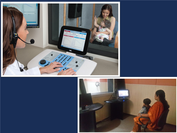 Two pictures showing a parent and child in hearing test booth