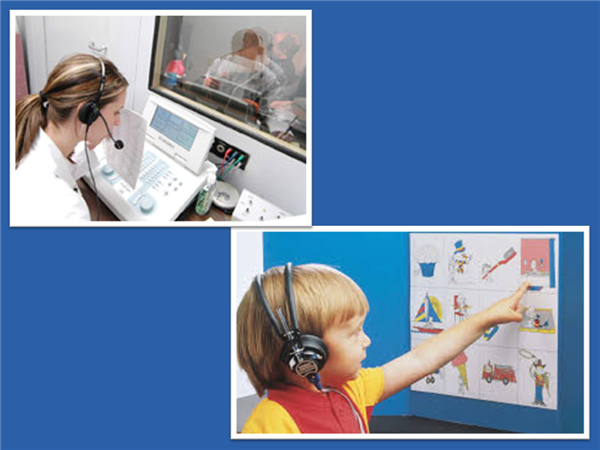 Two pictures showing an audiologist and child pointing to pictures while being tested