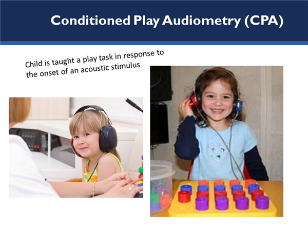 Two pictures of children with headphones on during hearing test